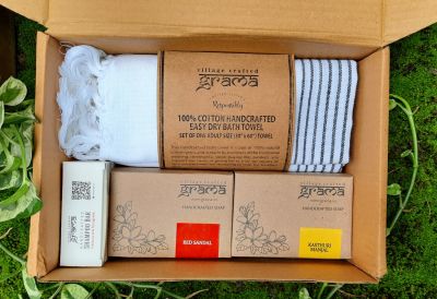 Grama Gift Pack Combo - Set of 2 Soaps and a Shampoo Bar of your Choice and 100% Cotton Handloom Bath Towel of size 60"*30"