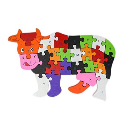 Wooden Cow Puzzle Toy I English Alphabet and Numbers with free denim bag