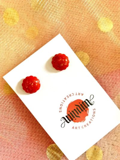 Resin Stud earrings-Red with gold foil