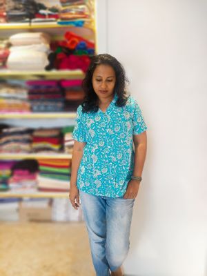 Floral printed blue cotton shirt  