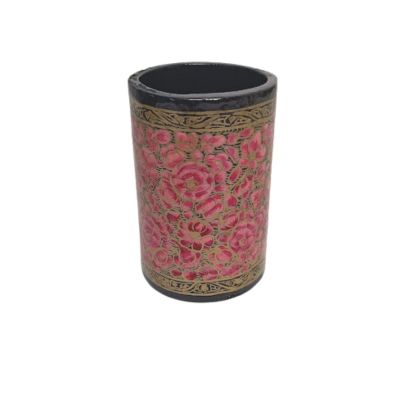 Paper Mache Pen Stand (Round Pink flower design - 4 inch)